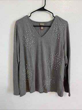 Chico's Gray V‑Neck Long Sleeve Top with Pearl Clusters Large